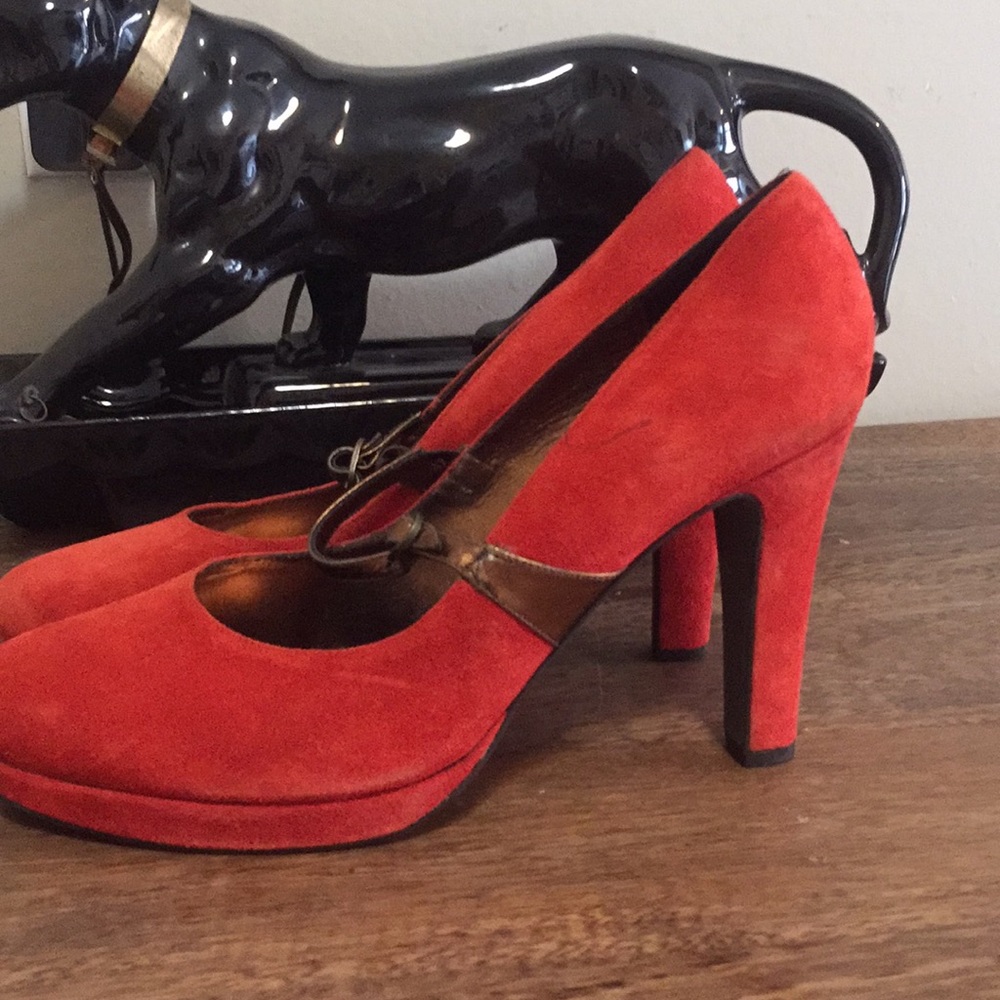 Suede Mary Jane heels red orange